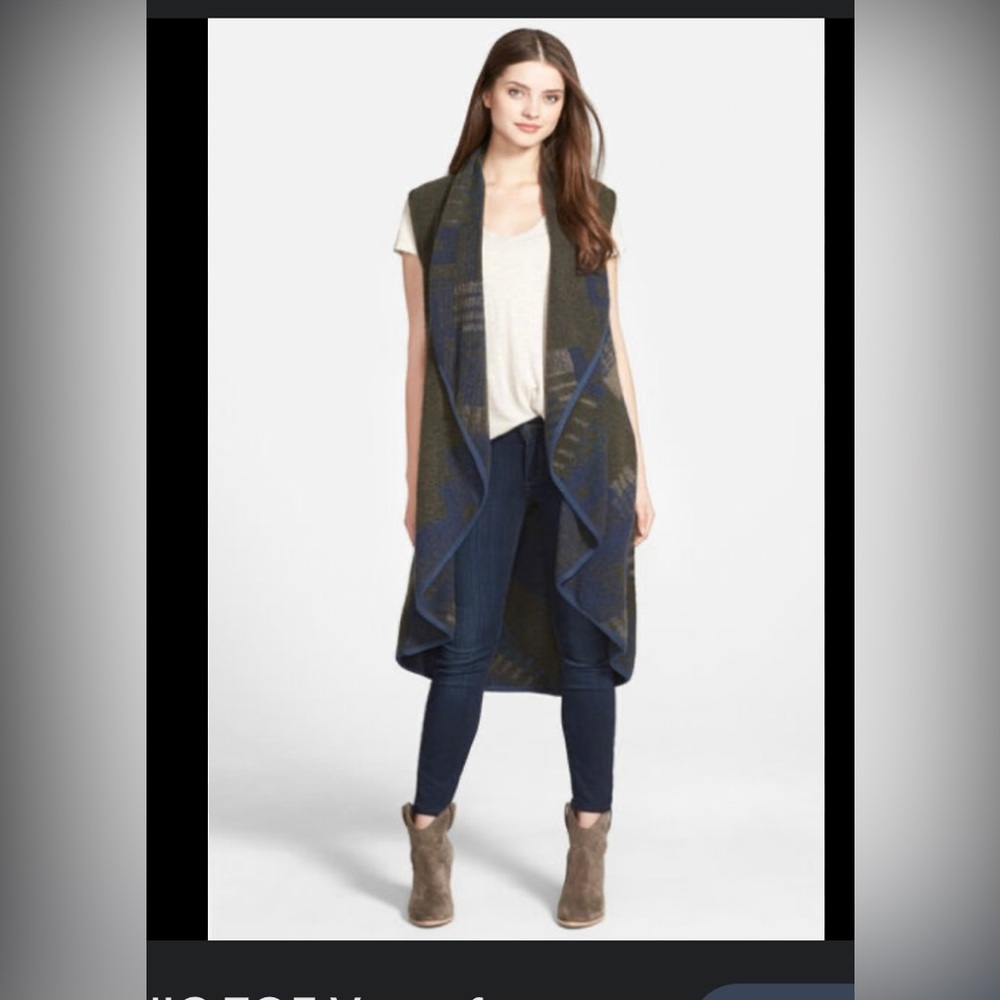 Nic+Zoe Blue Gray‎ Plush Long Drape-Front Pockets Vest Wool Blend